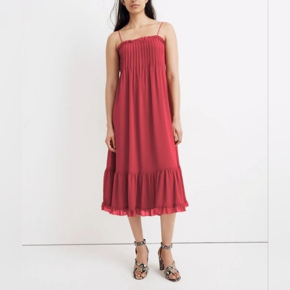 Madewell Strapless Cranberry Pintuck Ruffle Dress size 10